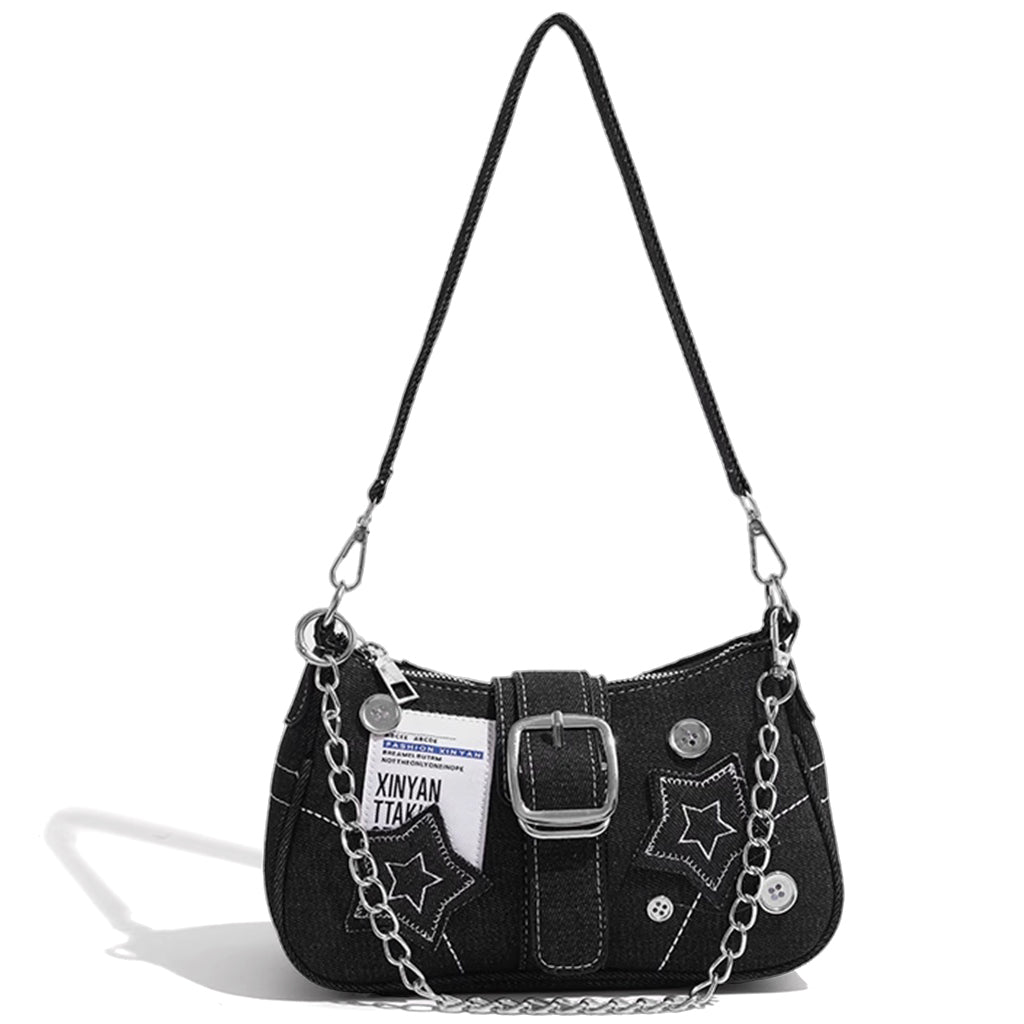 PALAY Chic Shoulder Bag for Girls Canvas Handbag with Chain Charm Small Hobo Bag Stylishly Sweet Y2K Star Patchwork Letter Printed Handbag Casual Small Shoulder Zipper Bag, 23x7x13cm PALAY Chic Shoulder Bag for Girls Canvas Handbag with Chain Charm Small Hobo Bag Stylishly Sweet Y2K Star Patchwork Letter Printed Handbag Casual Small Shoulder Zipper Bag, 23x7x13cm